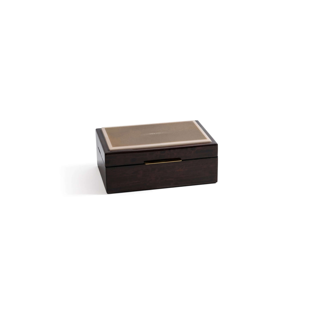 The Langham Box in dark espresso wood veneer with a smooth, lacquered finish, embodying luxury and sophistication.