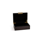 The Langham Box open, showcasing its luxurious dark espresso wood veneer and elegant gold hinges.