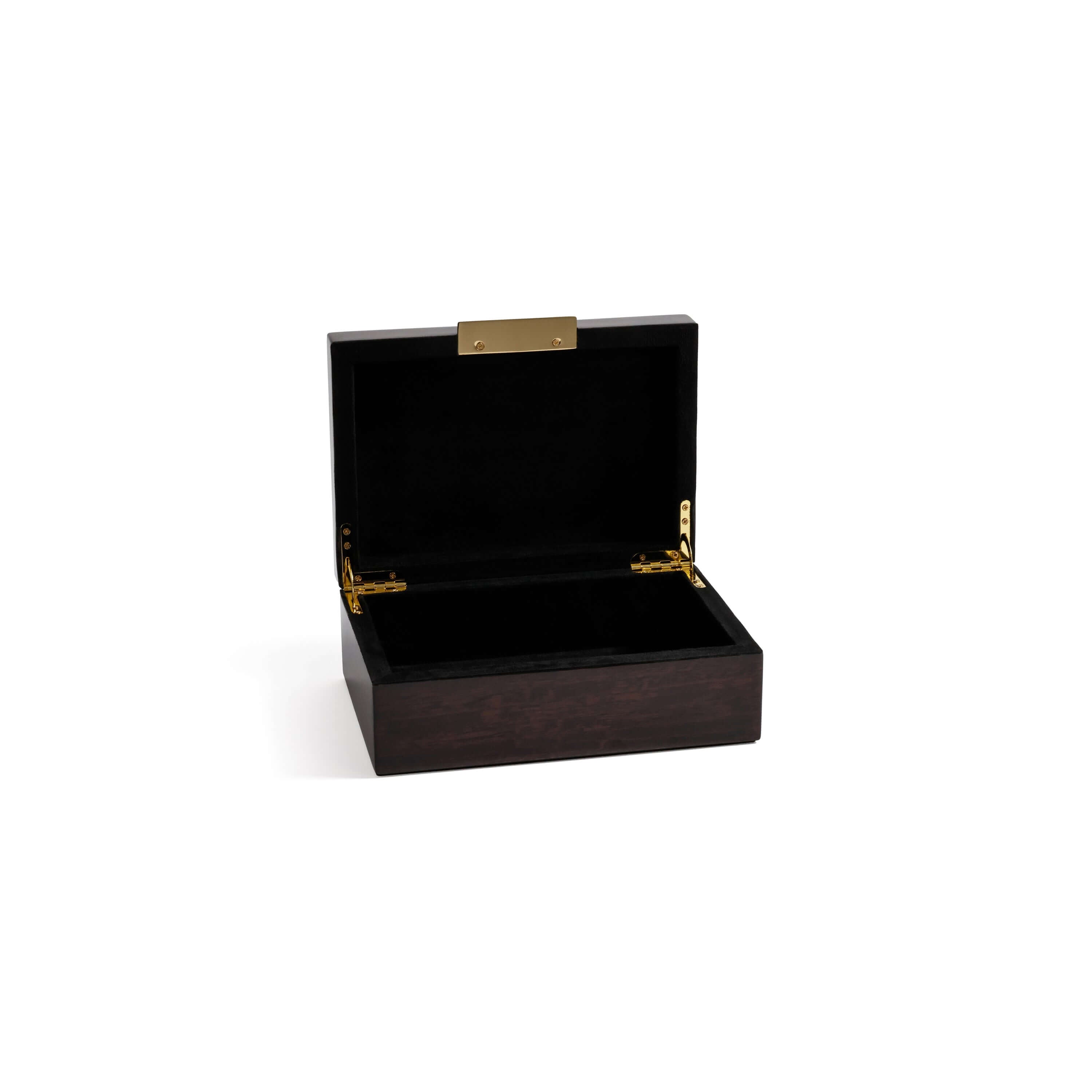 The Langham Box open, showcasing its luxurious dark espresso wood veneer and elegant gold hinges.