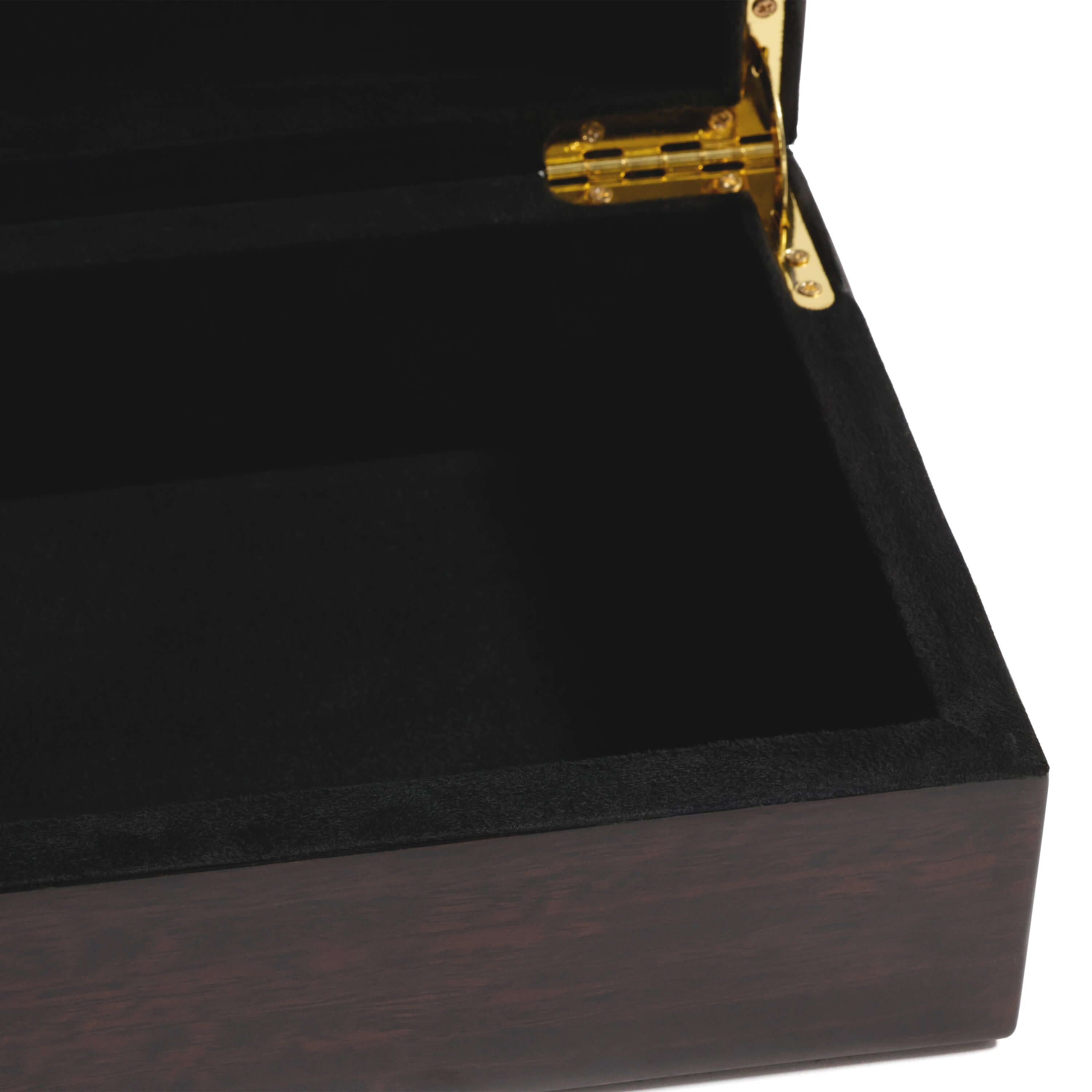 Inside view of The Langham Box showcasing its luxurious black velvet lining.