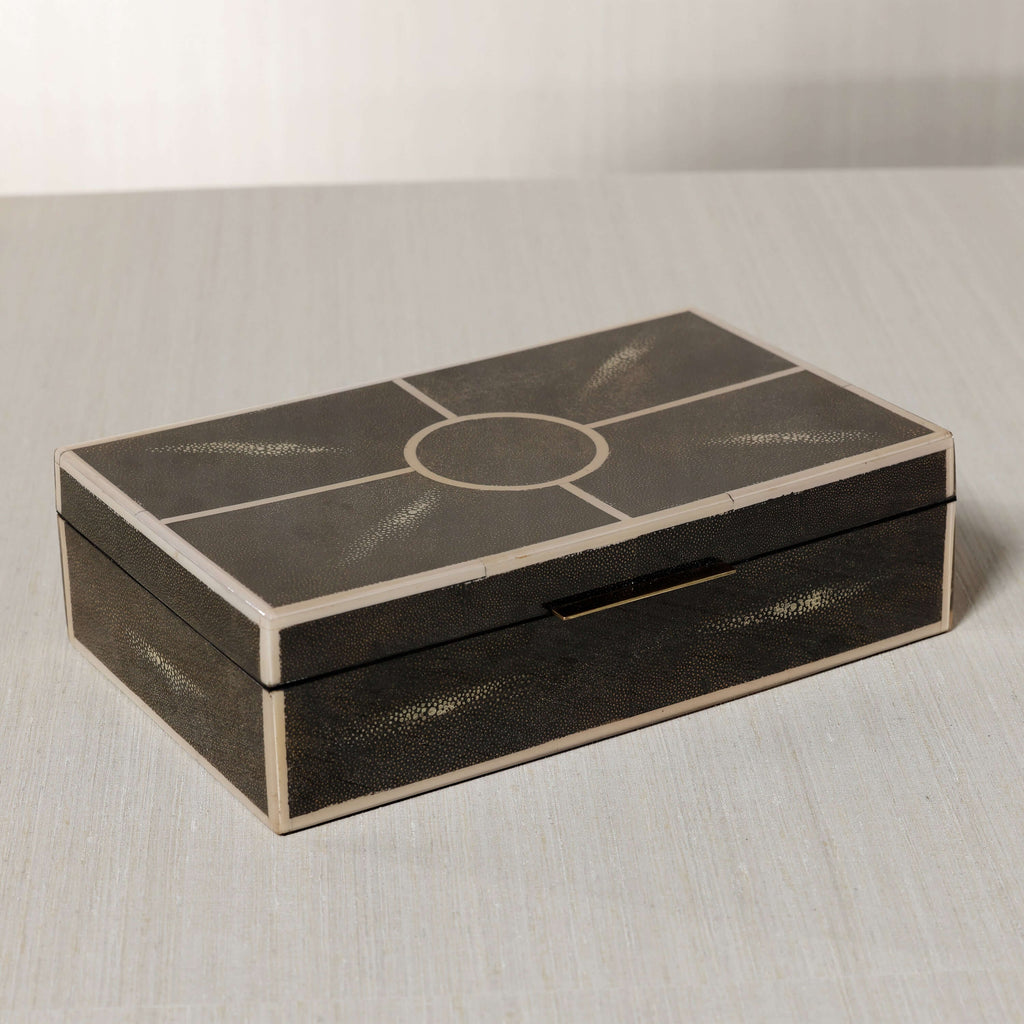 The Corinthia Box showcasing elegant deep charcoal shagreen with cream resin border and dense textured surface.