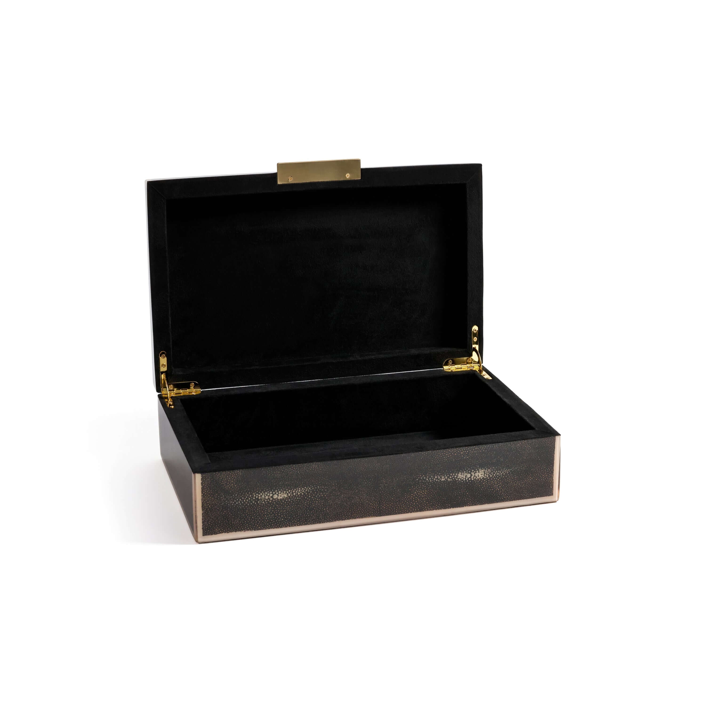 The Corinthia Box features deep charcoal shagreen with a cream resin border and elegant brass hardware.