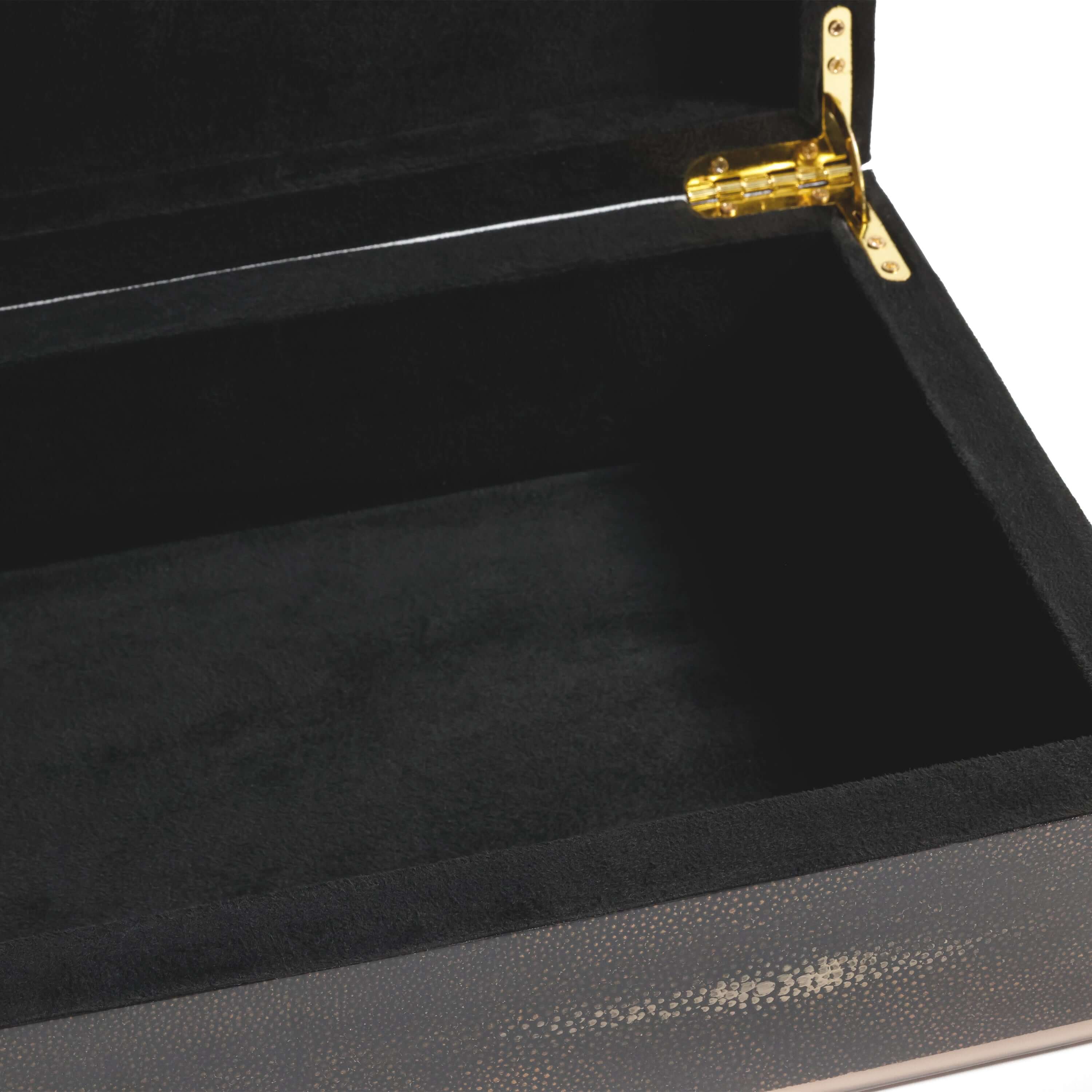 The Corinthia Box interior view showcasing black shagreen texture and gold hinges.