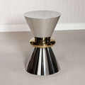 Edition Polished Side Table featuring a polished stainless steel hourglass design with a gold ring accent.