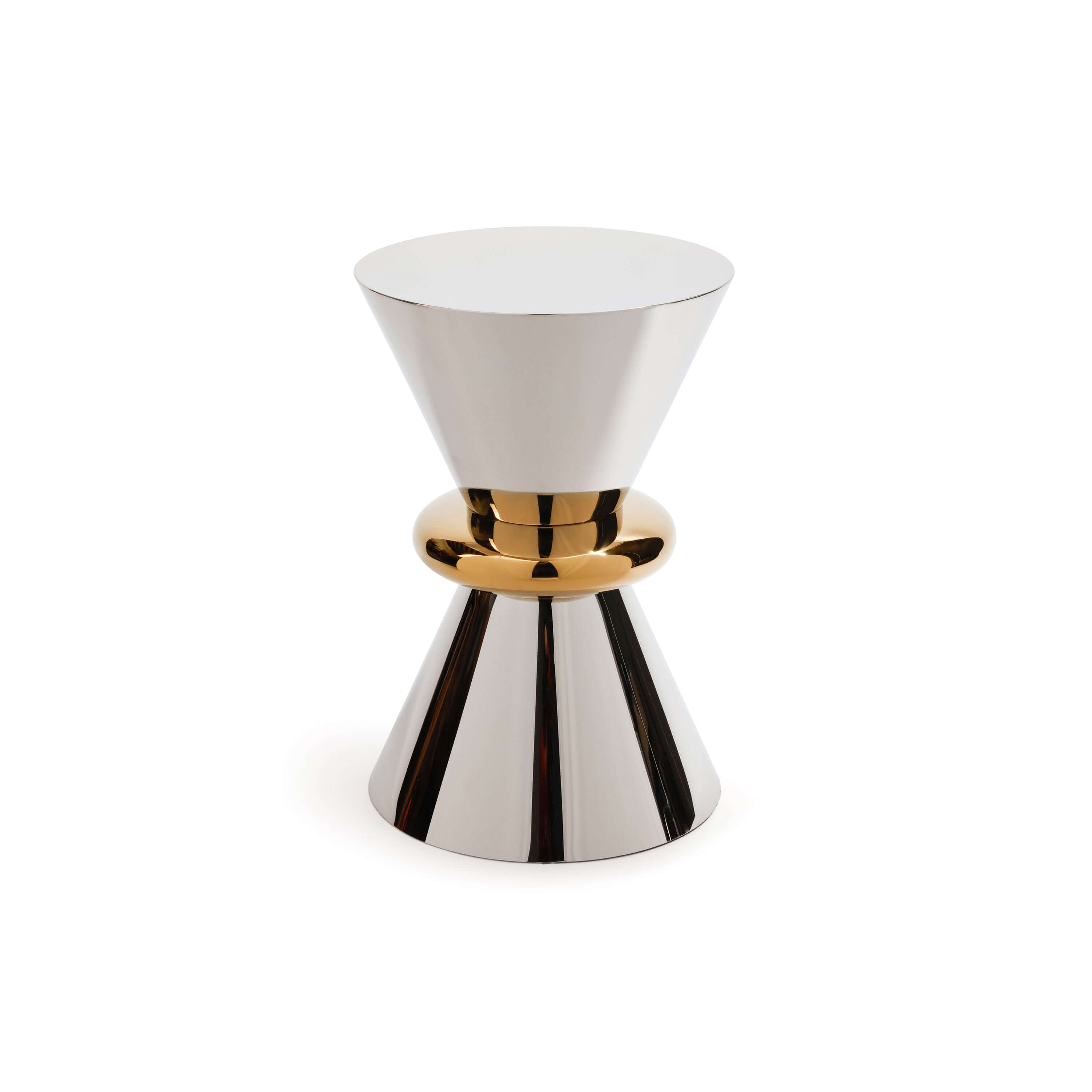 Edition Polished Side Table with an elegant hourglass design in polished stainless steel and gold ring accent.