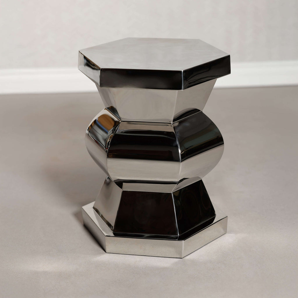 Peninsula Polished Side Table with geometric design, crafted from polished stainless steel, reflecting light beautifully.
