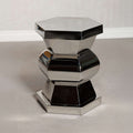 Peninsula Polished Side Table with geometric design, crafted from polished stainless steel, reflecting light beautifully.