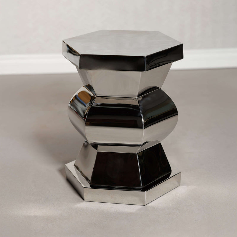 Peninsula Polished Side Table with geometric design, crafted from polished stainless steel, reflecting light beautifully.