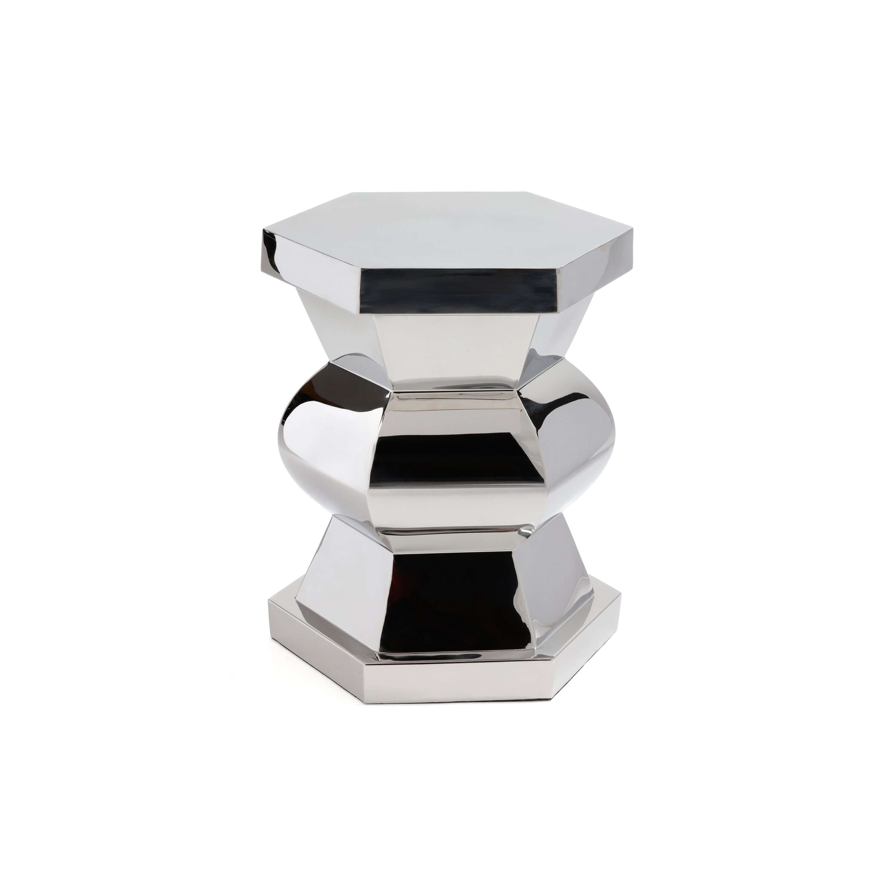 Peninsula Polished Side Table showcasing a modern, faceted design in polished stainless steel.