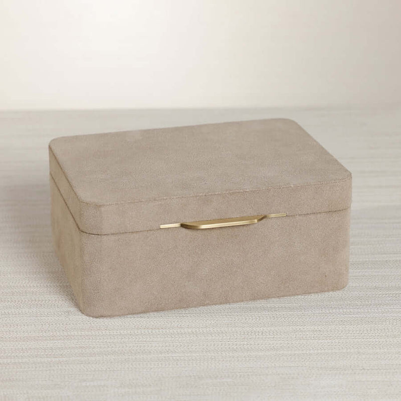 Linea Suede Jewelry Box in soft taupe suede with brushed brass hardware, perfect for elegant jewelry storage.