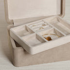 Linea Suede Jewelry Box interior with multi-compartment tray for organized jewelry storage.
