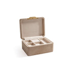 Linea Suede Jewelry Box open, featuring multi-compartment tray in soft taupe suede and brushed brass hardware.