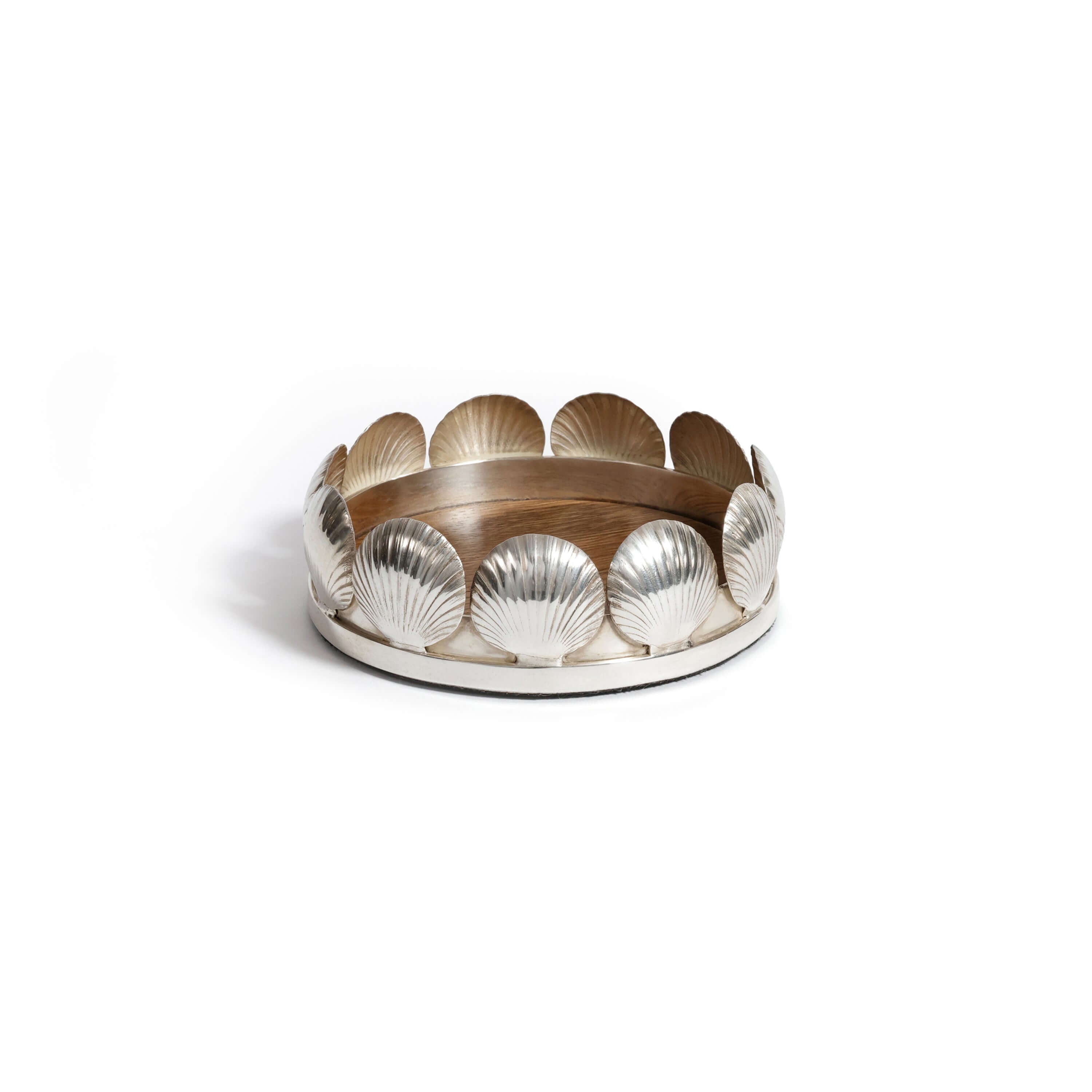 Sur Mer Shell Design Bottle Coaster featuring sculpted shell motifs in polished metal, ideal for coastal-themed decor.