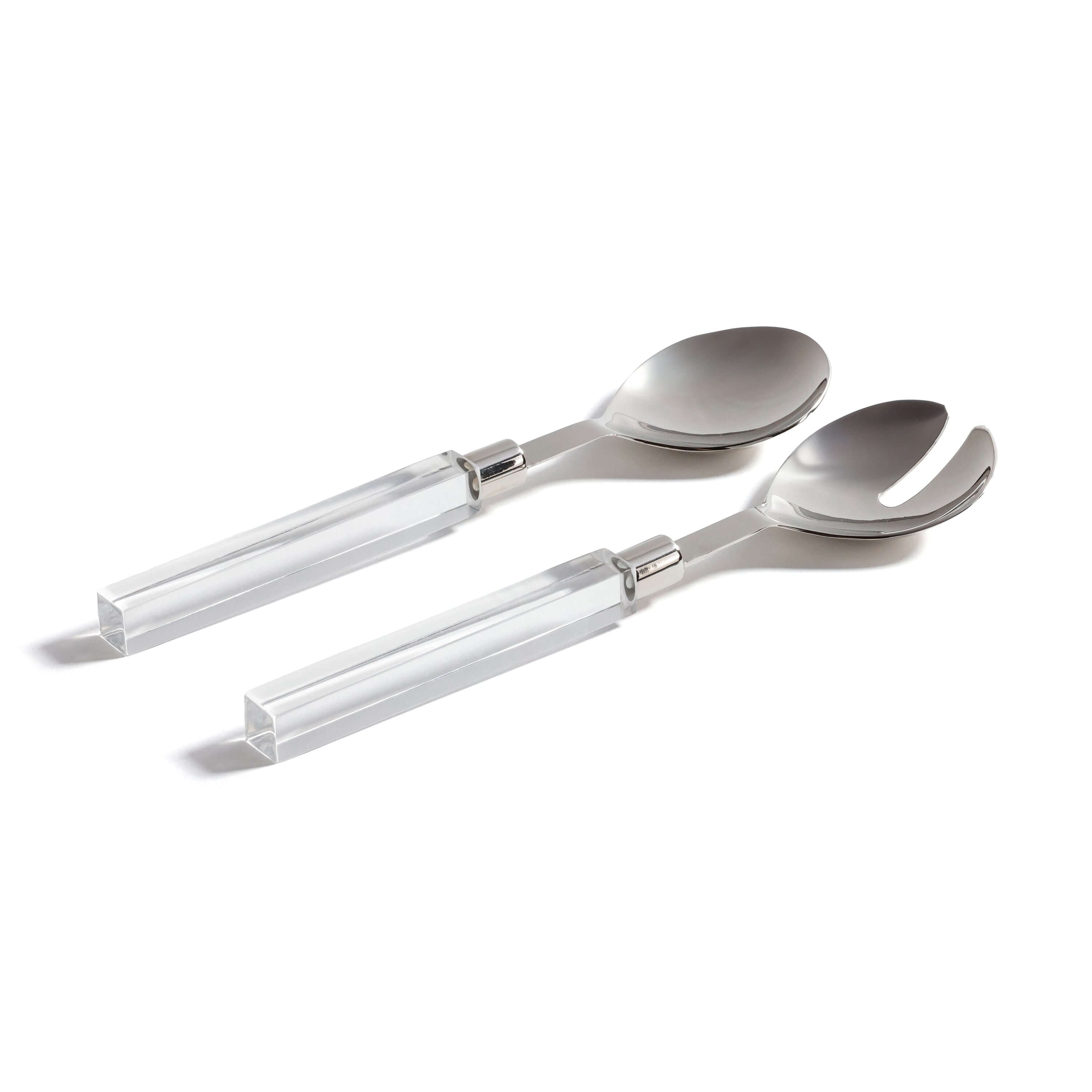Mougins Salad Server Set with Acrylic Handle featuring crystal-clear handles and polished stainless serving heads.
