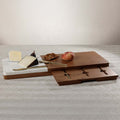 Wooden tray with food items on a light gray floor