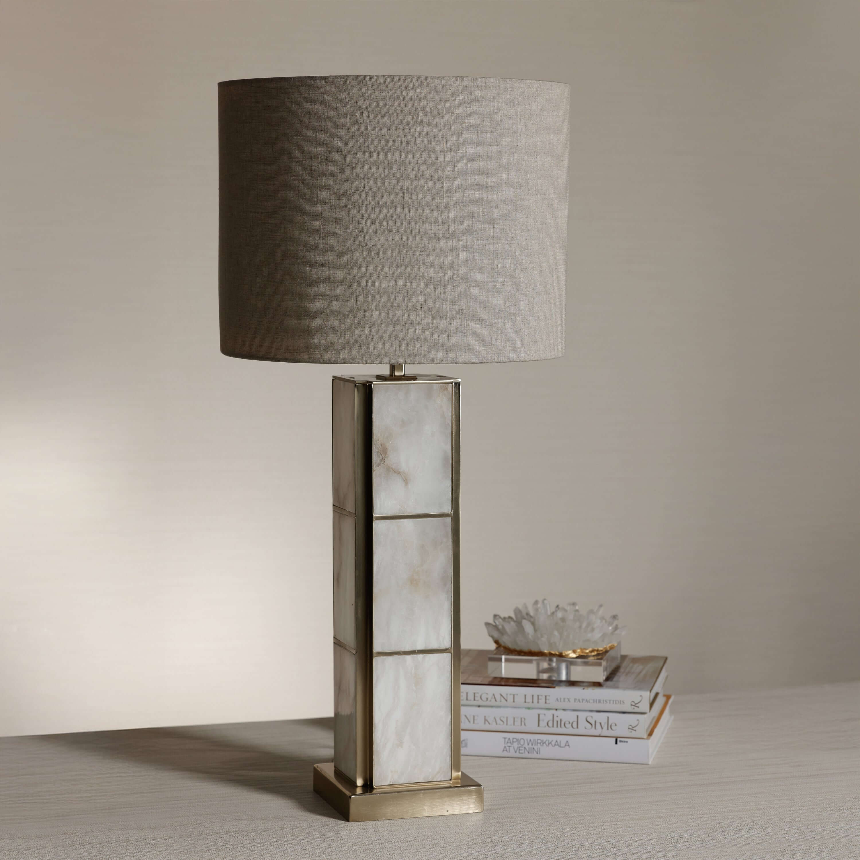 Golden Shore Alabaster Table Lamp featuring a unique alabaster base and a soft fabric shade, perfect for elegant interiors.