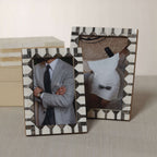 Lagos White Bone & Chiseled Horn Inlaid Photo Frame displaying stylish photographs.