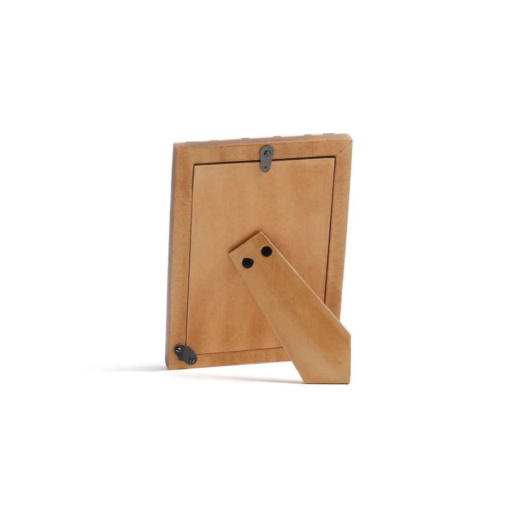 Lagos White Bone & Chiseled Horn Inlaid Photo Frame back view showcasing its stand and locking mechanism.