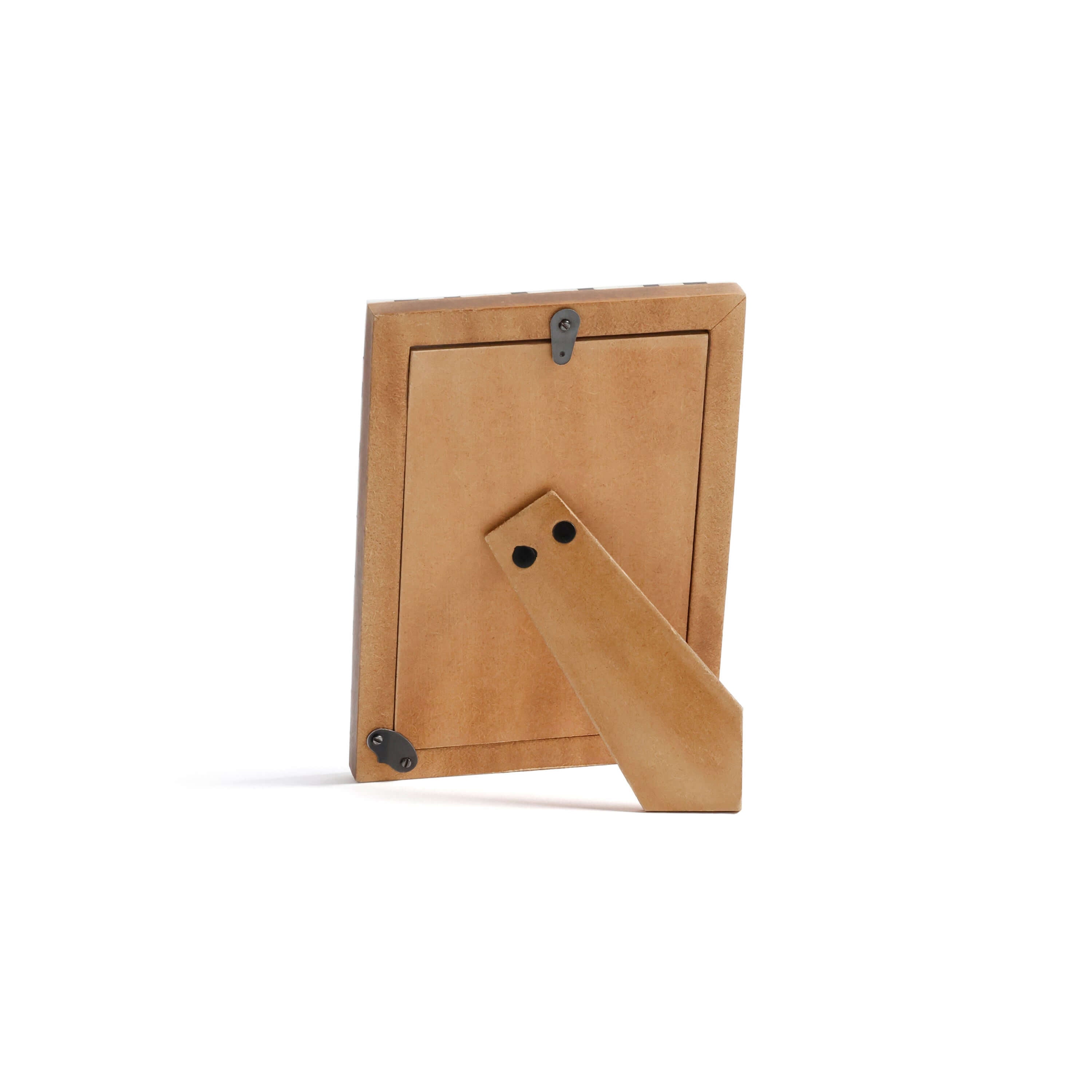 Lagos White Bone & Chiseled Horn Inlaid Photo Frame back view showcasing its stand and locking mechanism.