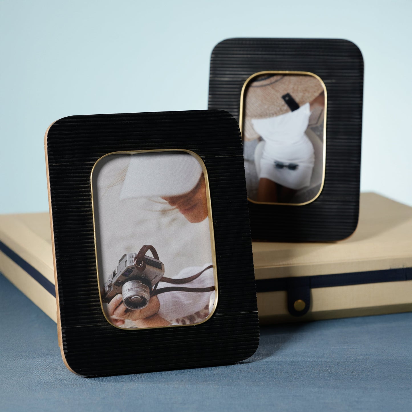 Black Resin Ribbed Photo Frame with Brass Accent
