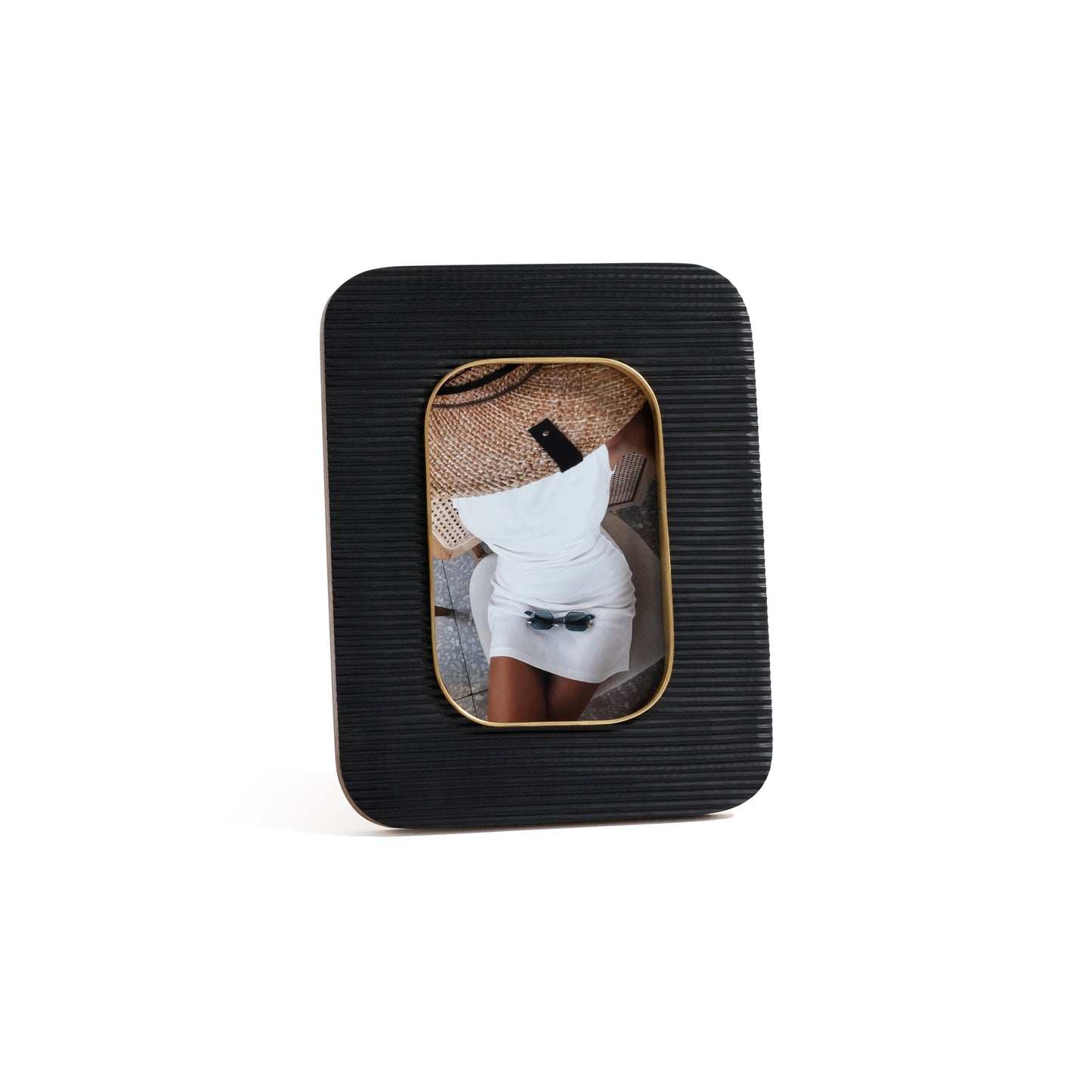 Black Resin Ribbed Photo Frame with Brass Accent