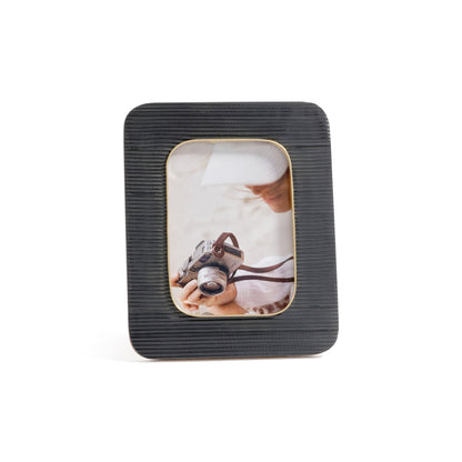 Black Resin Ribbed Photo Frame with Brass Accent