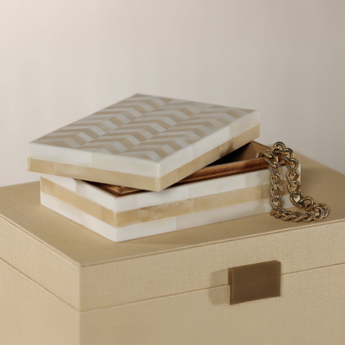 Antique White Bone Box with Chevron Pattern