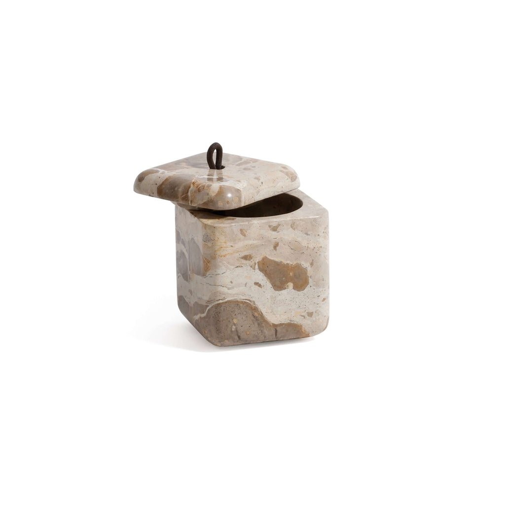 Crema Fossil Marble Bath Collection lidded jar showcasing natural marble in warm cream tones.