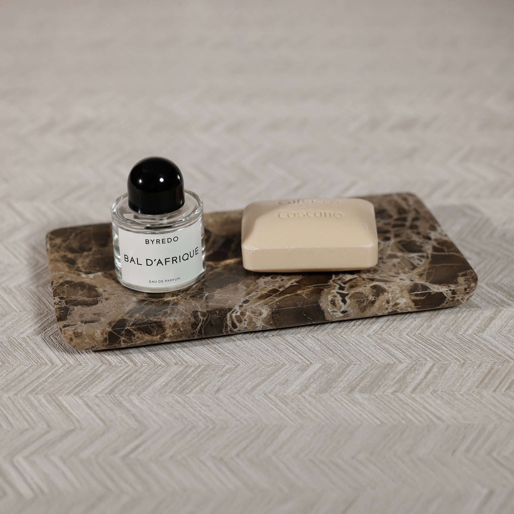 Marrón Emperador Marble Bath Collection tray with perfume and soap, enhancing bathroom elegance.