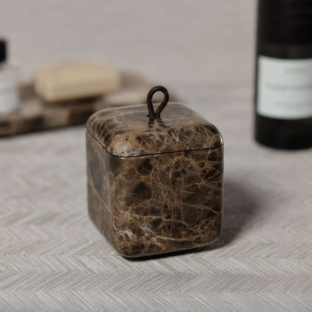 Marrón Emperador Marble Bath Collection lidded jar showcasing rich brown marble elegance.
