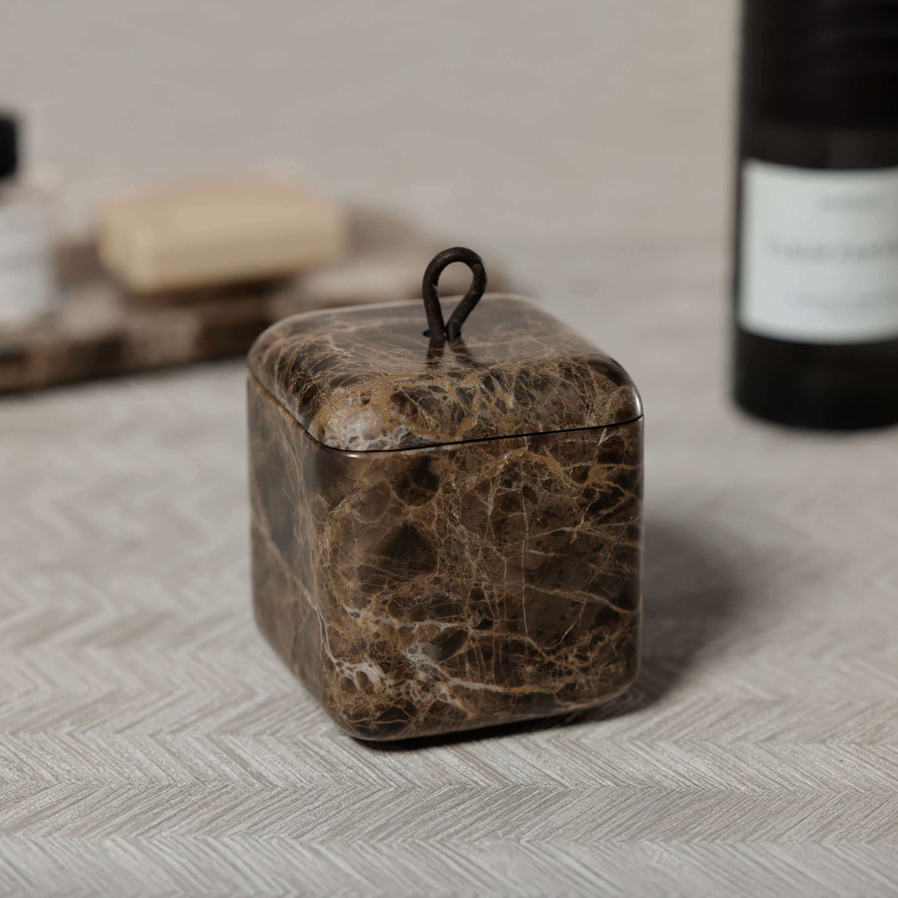 Marrón Emperador Marble Bath Collection lidded jar showcasing rich brown marble elegance.