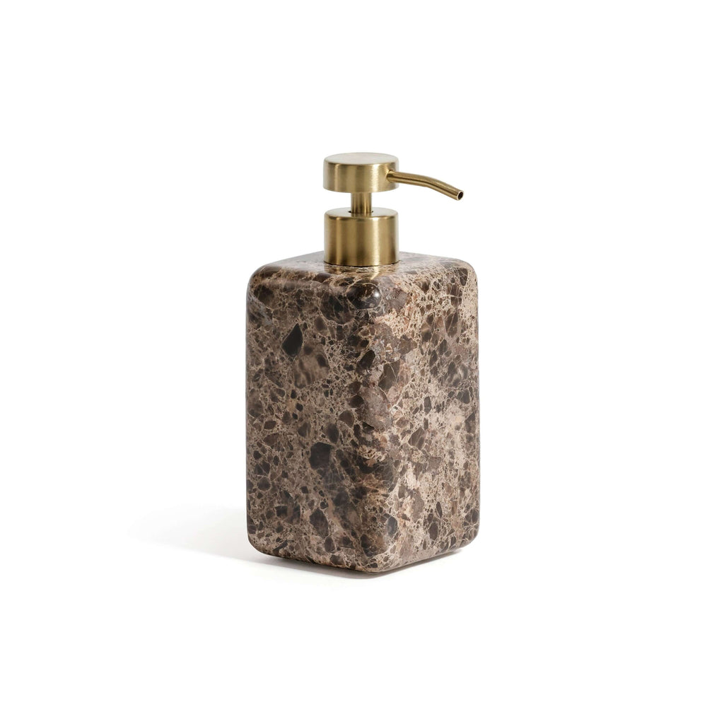Marrón Emperador Marble Bath Collection soap and lotion dispenser with brown marble and gold pump
