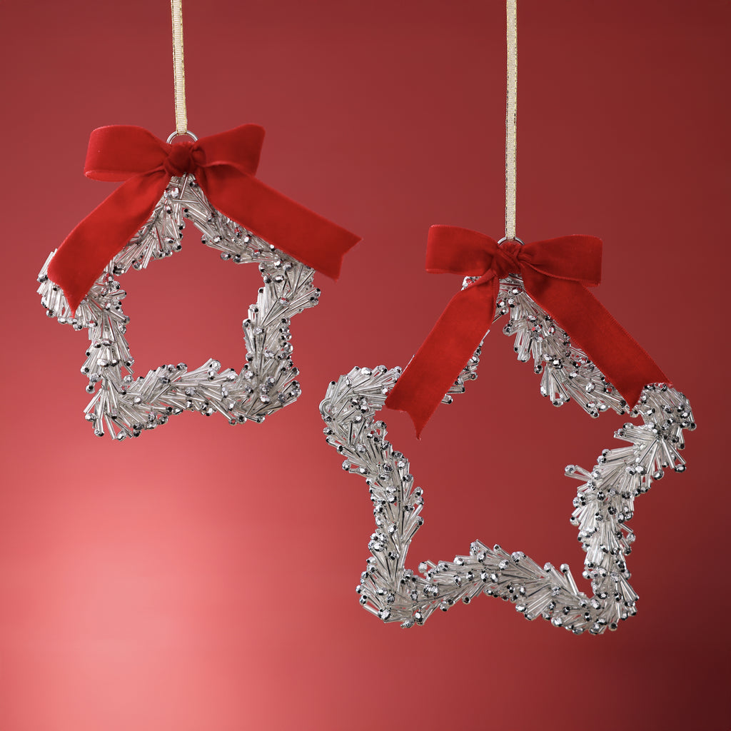 Beaded Glass Star Ornament with Ribbon - 2 Assorted Sizes