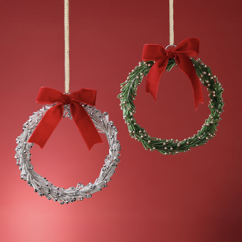 Beaded Glass Wreath Ornament with Ribbon - 2 Assorted Colors - Silver with Silver Beads, Green with Gold Beads