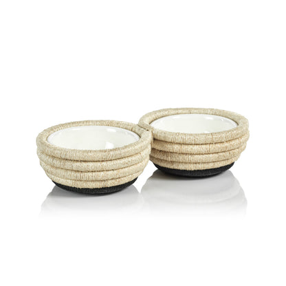 Martigues Coiled Abaca 2 Section Condiment Bowl - Natural / Black Base - Bowls by Carlyle Avenue