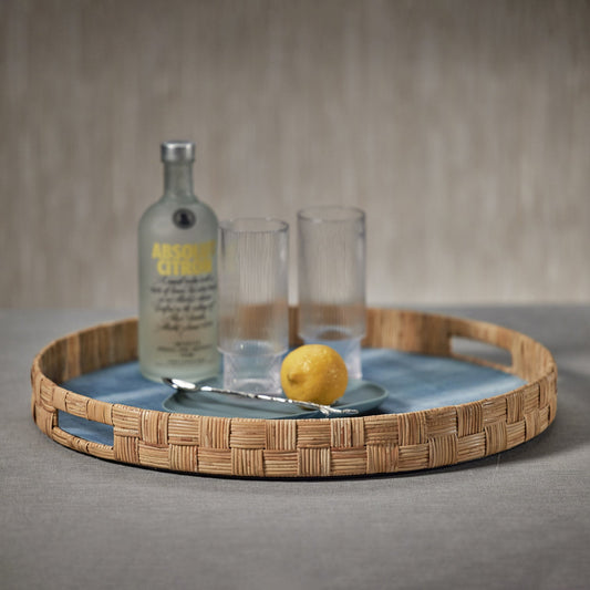 Agrari Abaca Silk Woven Cane Round Tray - Blue