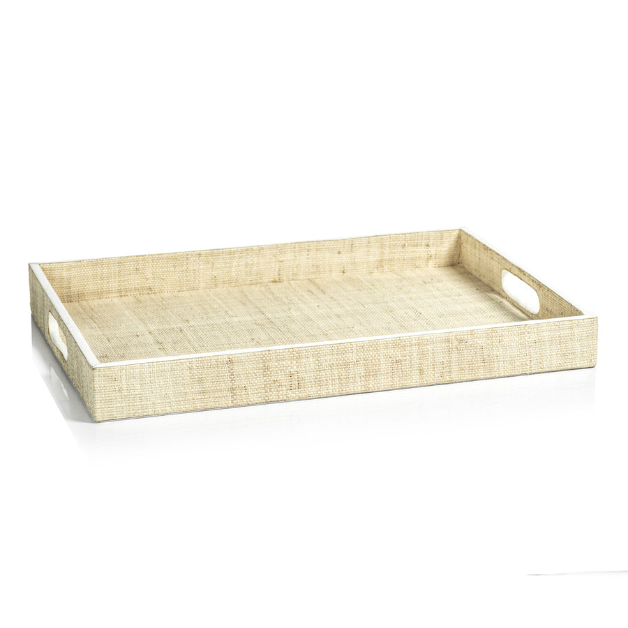 Atelier Natural Fiber Raffia Serving Tray with Leather Trim