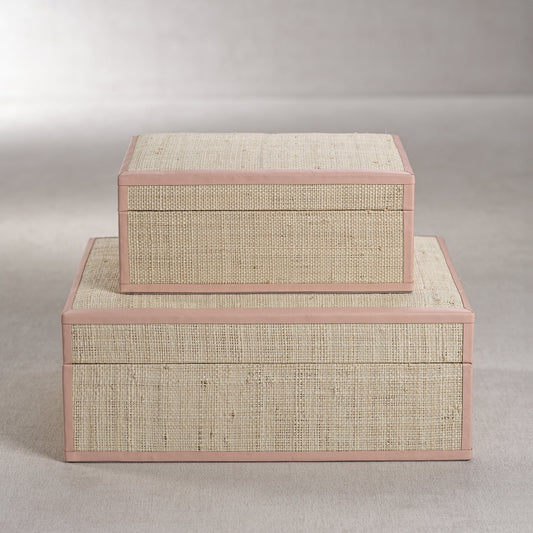 Lulu Natural Fiber Raffia Box with Leather Trim - Pink