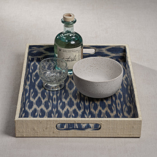 Ikat Raffia Serving Tray - Blue & Natural