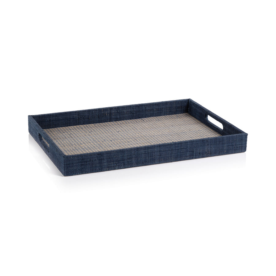 Houndstooth Raffia Tray - Navy Blue