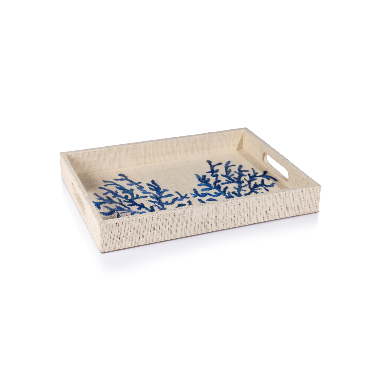 Beige tray with blue coral design on a white background