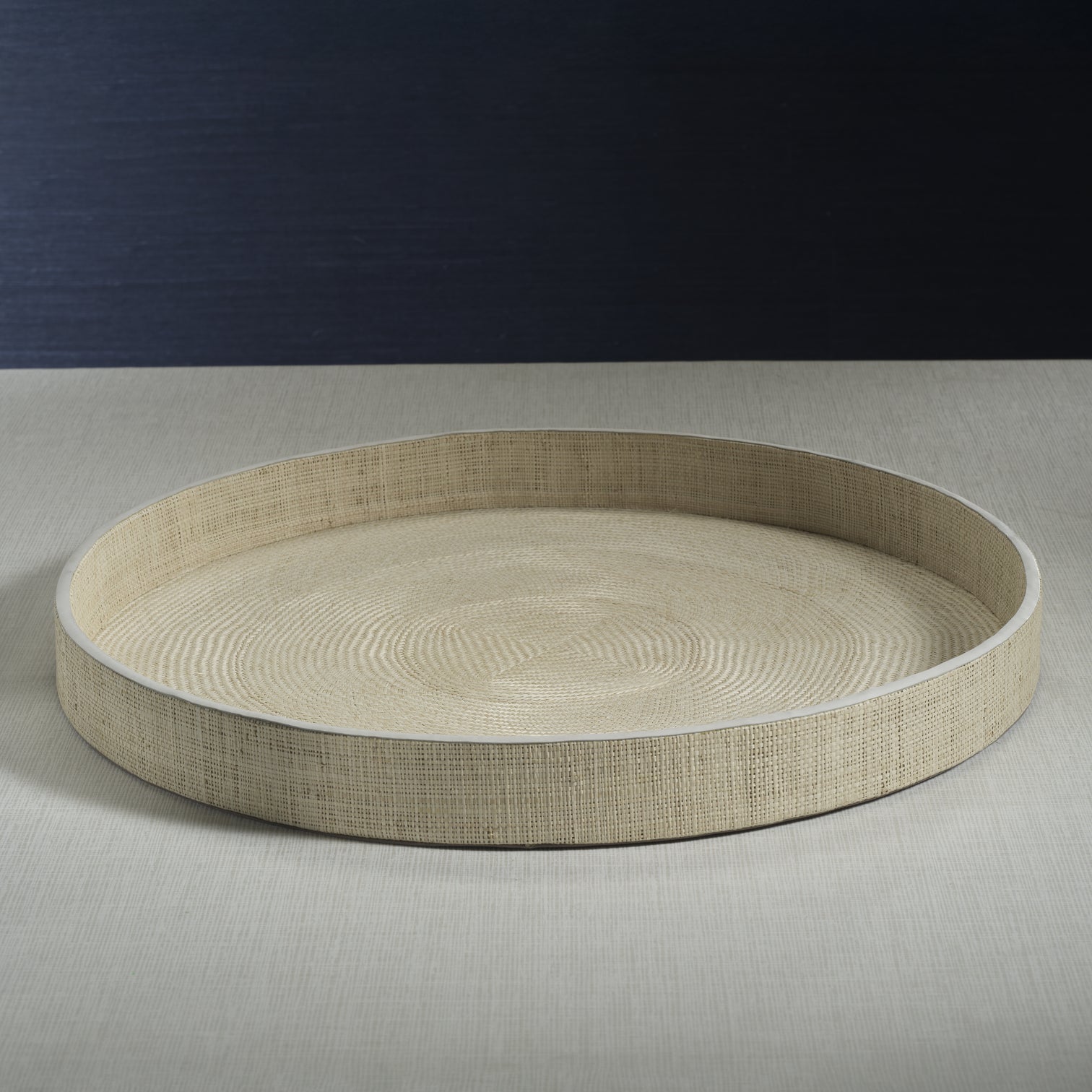 Atelier Natural Fiber Raffia Round Serving Tray with Leather Trim
