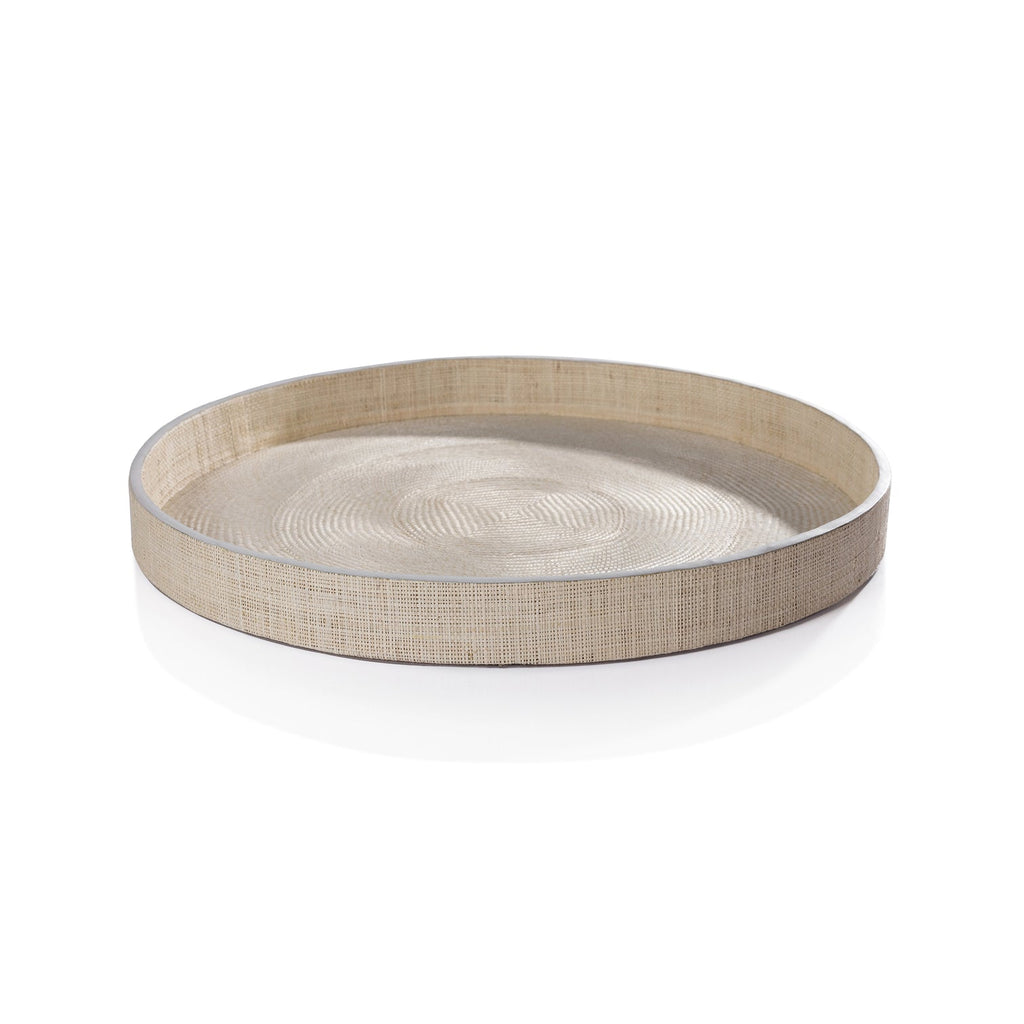 Atelier Natural Fiber Raffia Round Serving Tray with Leather Trim