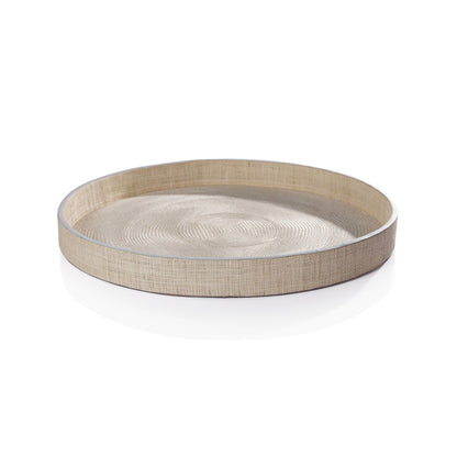 Atelier Natural Fiber Raffia Round Serving Tray with Leather Trim