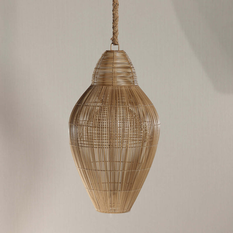 Buri Pendant Lamp No.5 in natural buri palm, showcasing urn silhouette and hand-woven design.