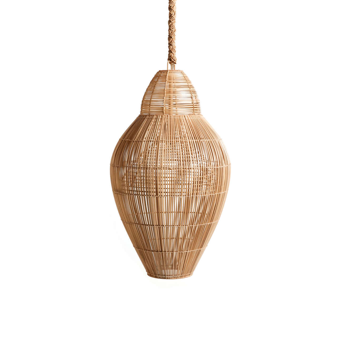 Buri Pendant Lamp No.5 - Hand-Woven Buri Lamp in Natural Urn Silhouette, Perfect for Ambient Lighting.