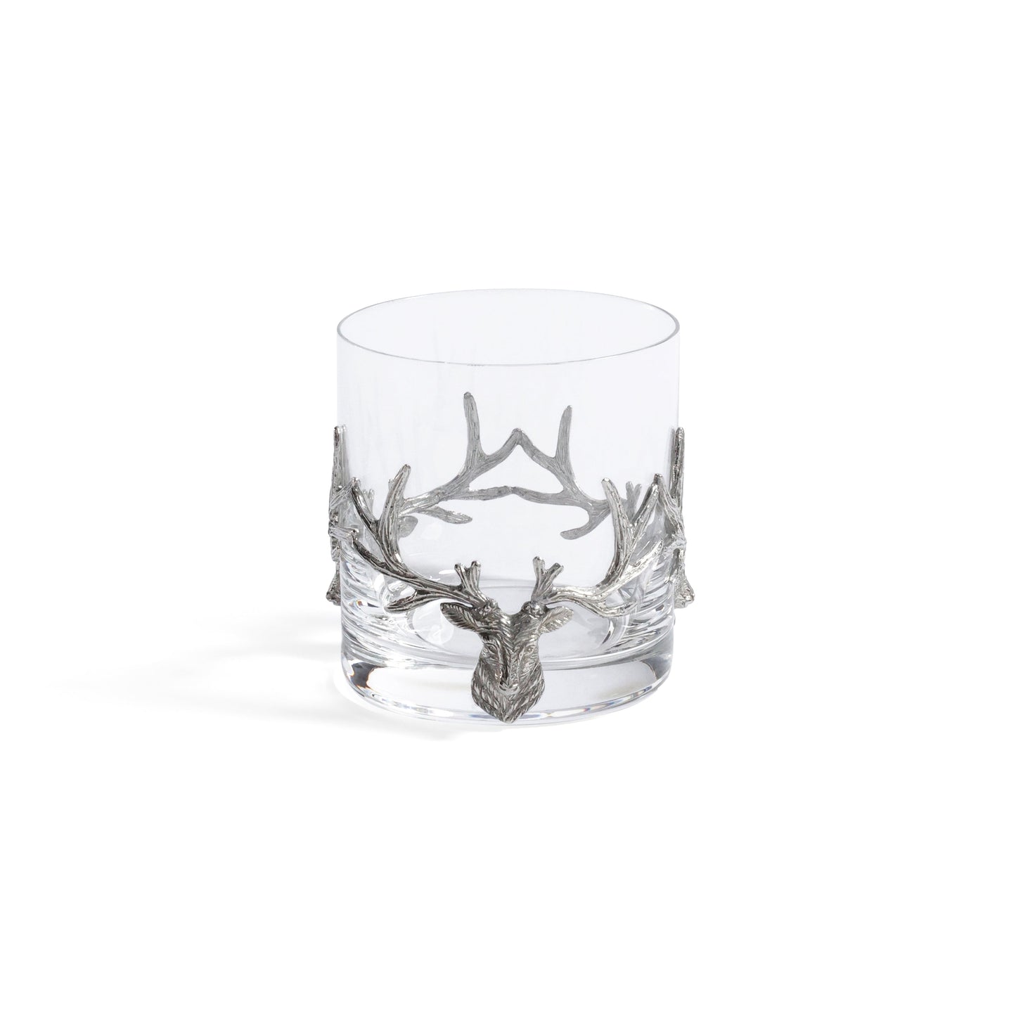 Clear glass with silver deer antler design on a white background