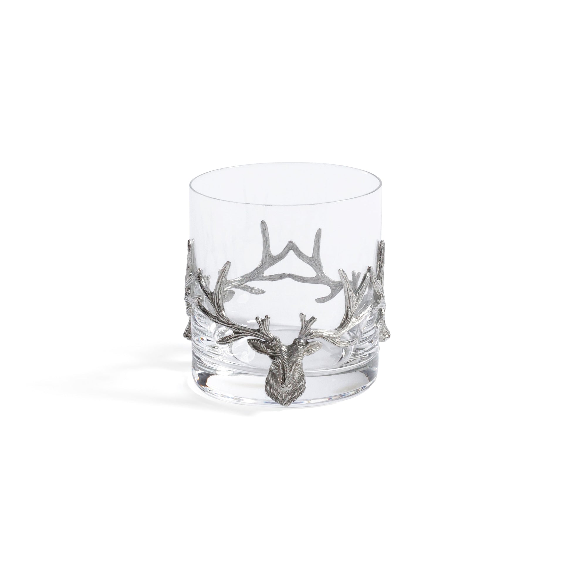 Clear glass with silver deer antler design on a white background