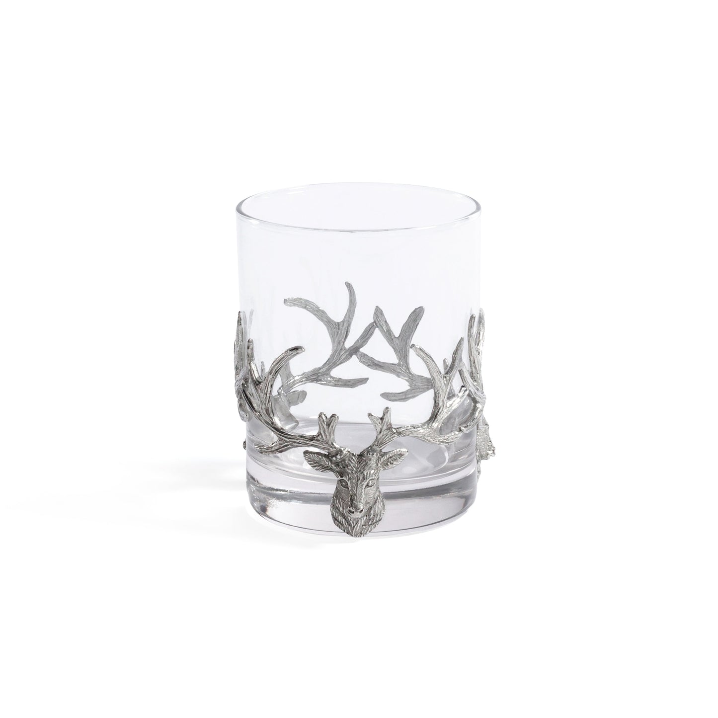 Clear glass with silver antler design on a white background