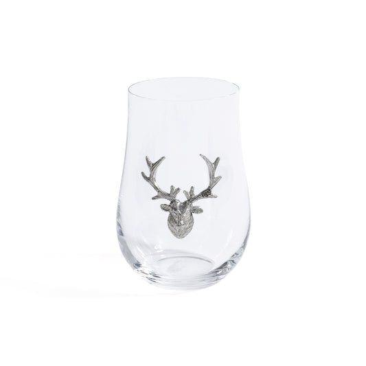 Clear glass with a silver deer head emblem on a white background